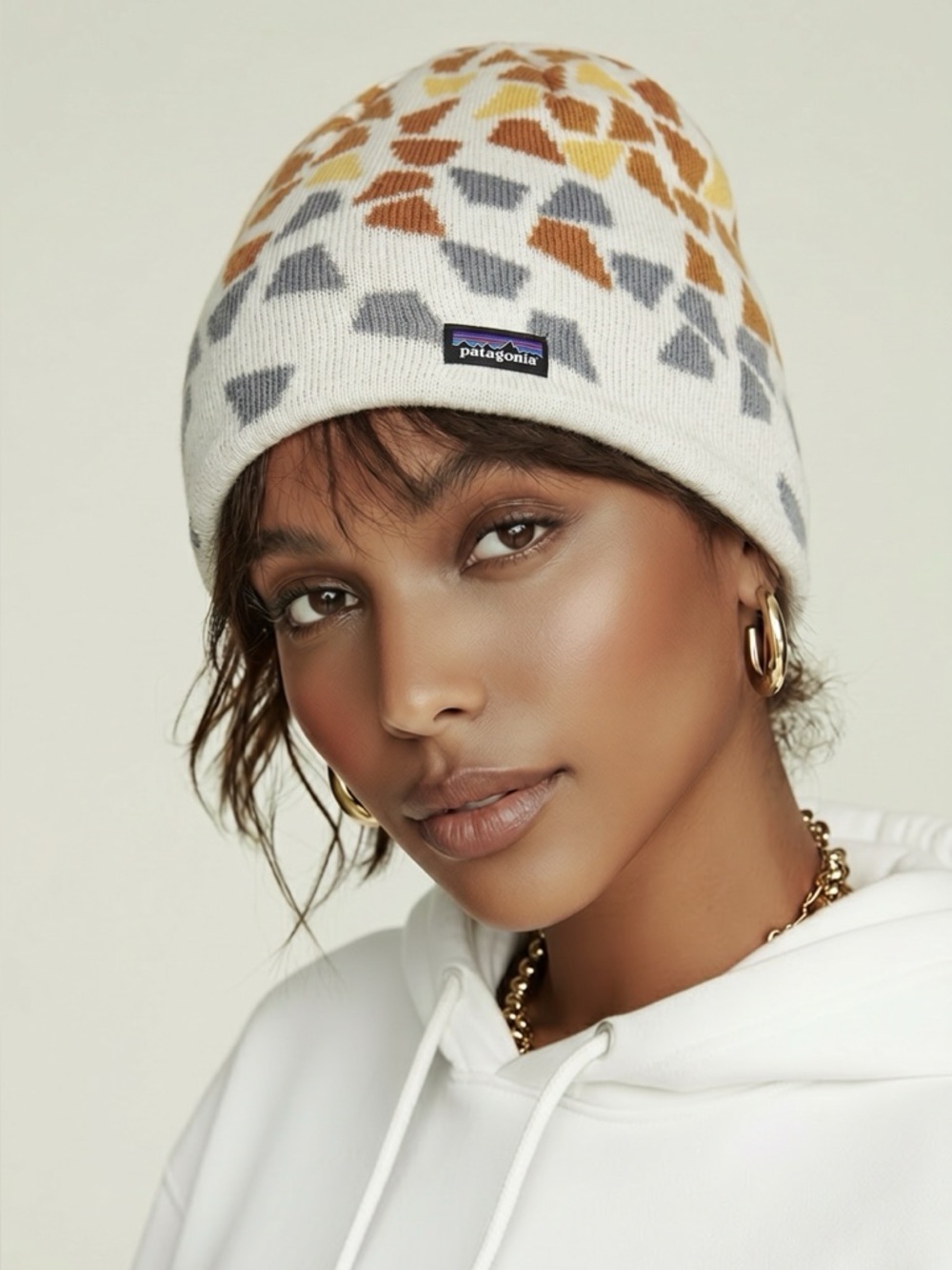 Unisex Patagonia White Beanie with Gray, Brown, and Mustard Pattern